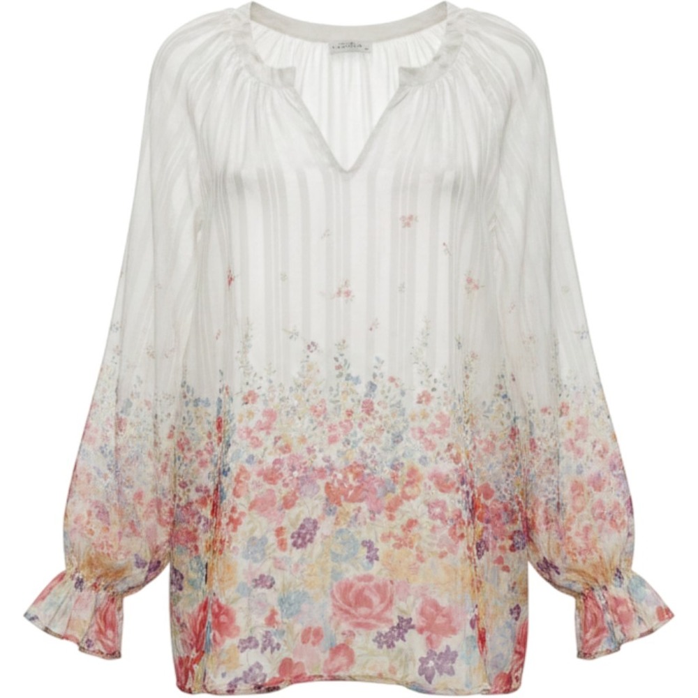 Emily Wonder Tunic Blouse 2XL Top Pink Purple White Yllw Green Floral Ruffle